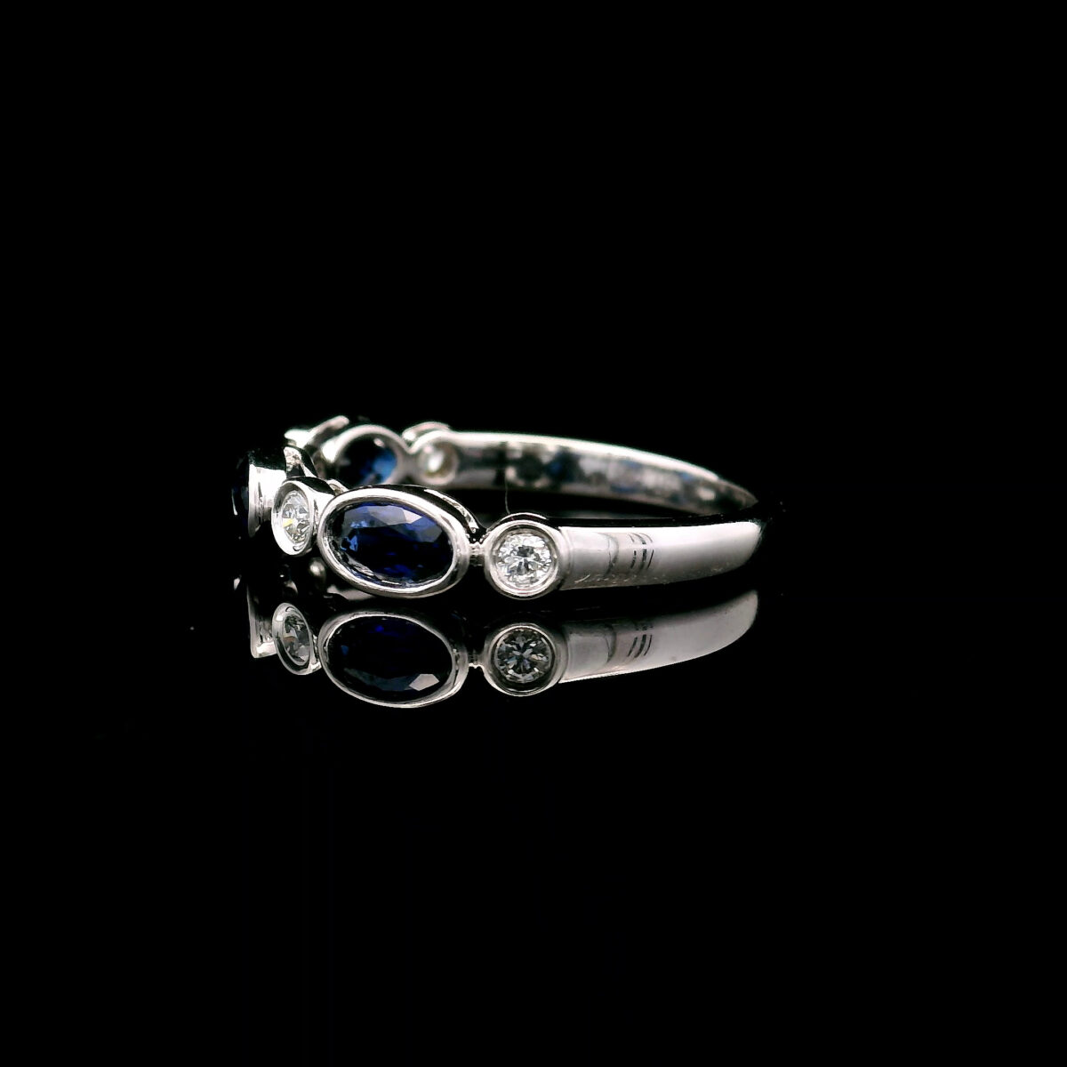10K White Gold Bezel-Set Ring w/ 3 Created 6mm Sapphire Ring, 0.125CTW Lab Grown Diamond Accent Stones - Image 2