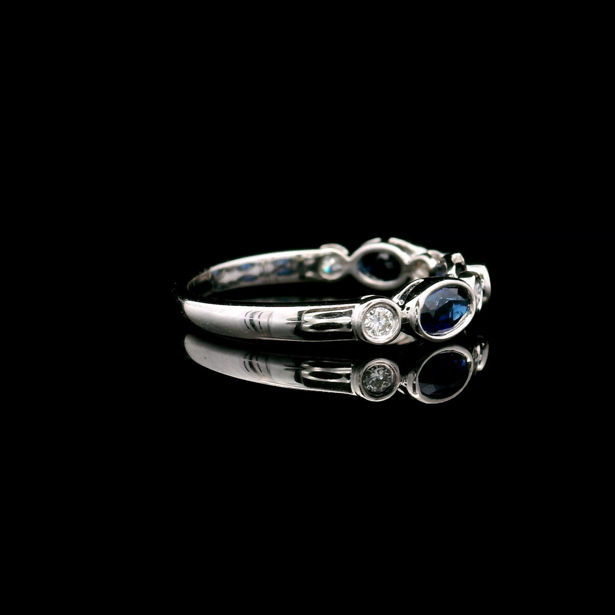 10K White Gold Bezel-Set Ring w/ 3 Created 6mm Sapphire Ring, 0.125CTW Lab Grown Diamond Accent Stones - Image 4