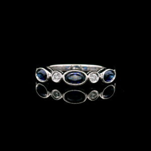 10K White Gold Bezel-Set Ring w/ 3 Created 6mm Sapphire Ring, 0.125CTW Lab Grown Diamond Accent Stones