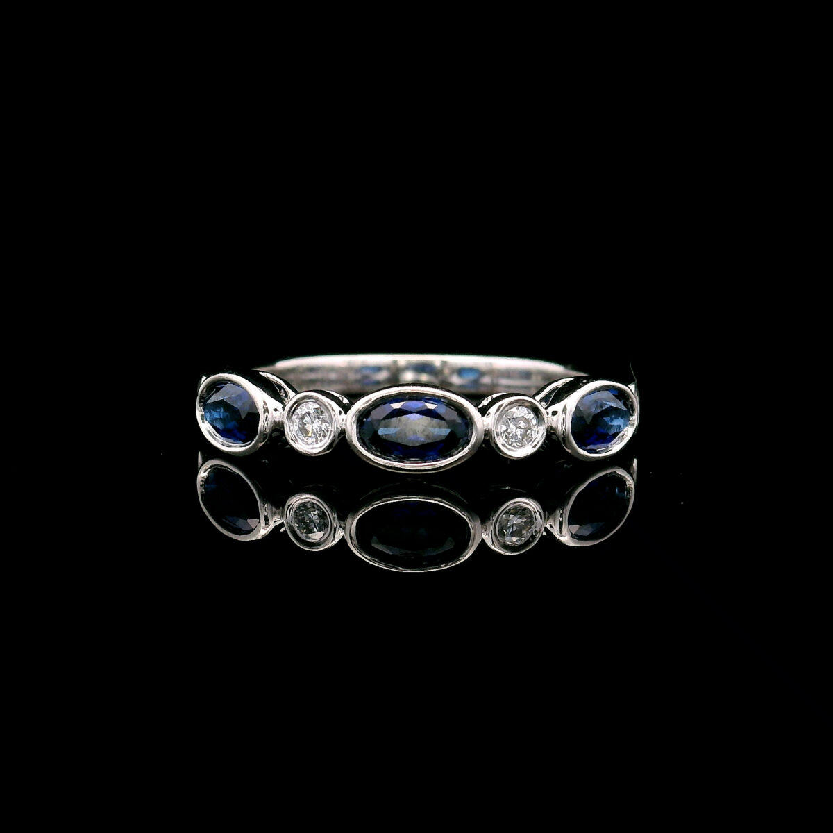 10K White Gold Bezel-Set Ring w/ 3 Created 6mm Sapphire Ring, 0.125CTW Lab Grown Diamond Accent Stones