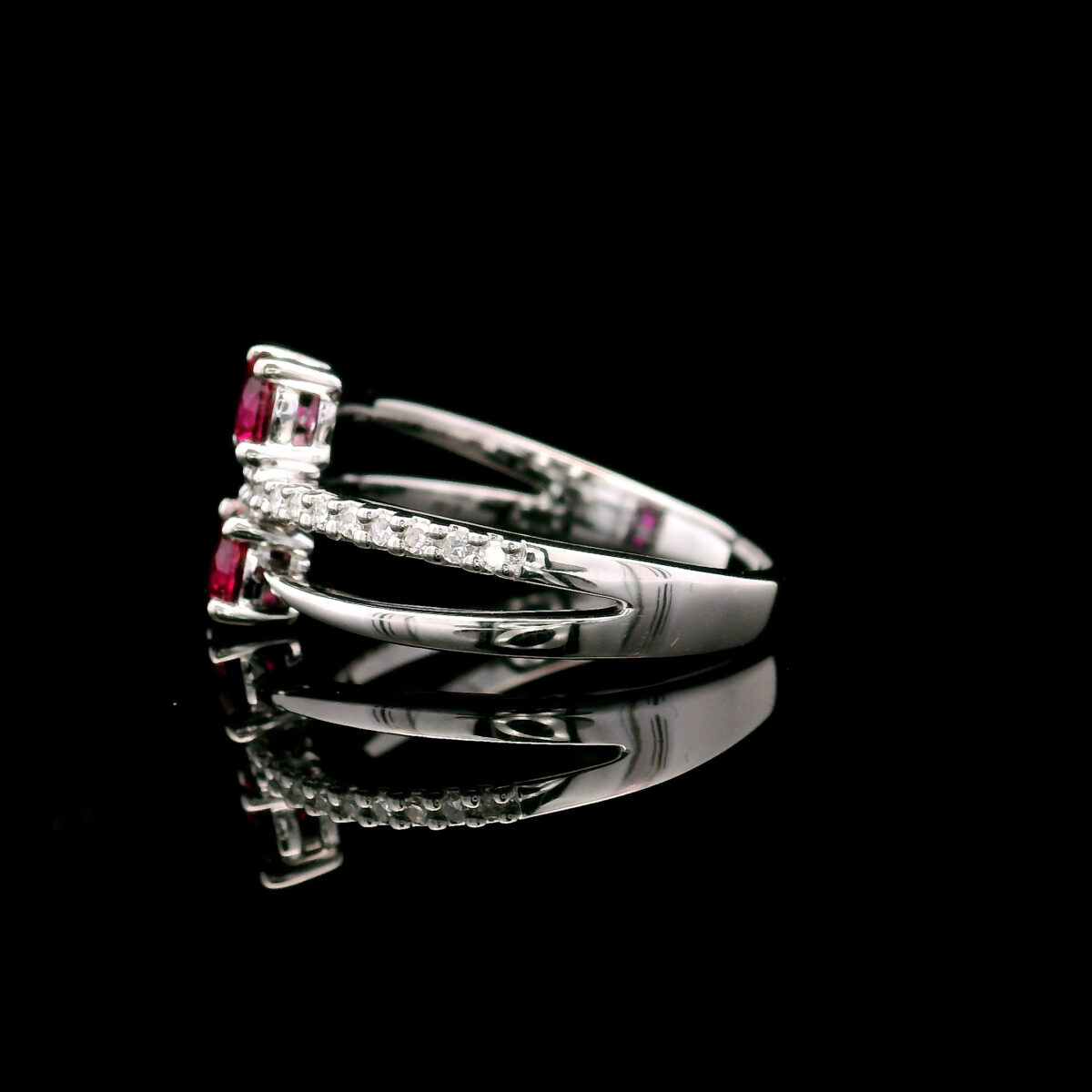 10K White Gold Two-Stone 4mm Created Ruby Crossover Ring w/ 0.125CTW Lab Grown Diamond Accents - Image 2