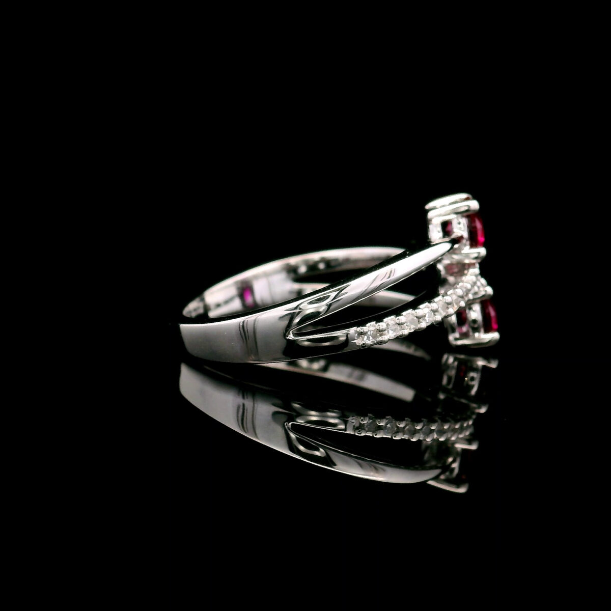 10K White Gold Two-Stone 4mm Created Ruby Crossover Ring w/ 0.125CTW Lab Grown Diamond Accents - Image 4