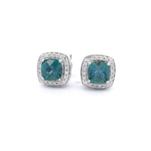 5mm Cushion-Cut Created Alexandrite Halo Stud Earrings in White Gold w/ 1/10 CTW