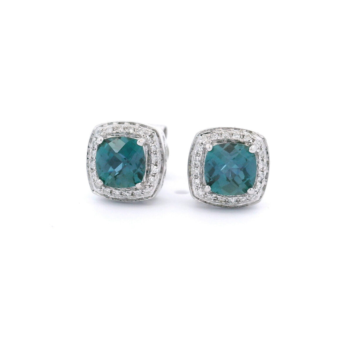 5mm Cushion-Cut Created Alexandrite Halo Stud Earrings in White Gold w/ 1/10 CTW