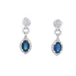 6x4mm Deep Blue Sapphire Halo Drop Earrings in 10K White Gold w/ 1/4 CTW
