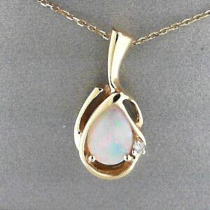 14K Yellow Gold Pear Shaped Opal Pendant with Diamond Accent