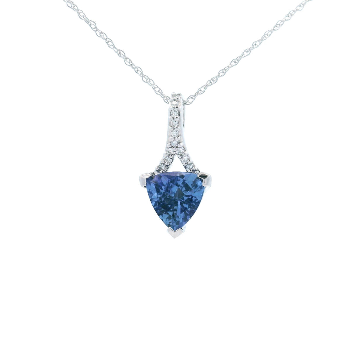 Trillion-Cut 8mm Tanzanite and Diamond Accent Pendant in 10K White Gold with 1/20th TW Diamonds