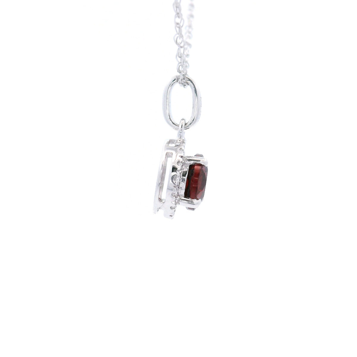 4.5mm Round Garnet Halo Pendant Necklace in 10K White Gold w/ 1/20 CTW - Image 4