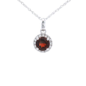 4.5mm Round Garnet Halo Pendant Necklace in 10K White Gold w/ 1/20 CTW