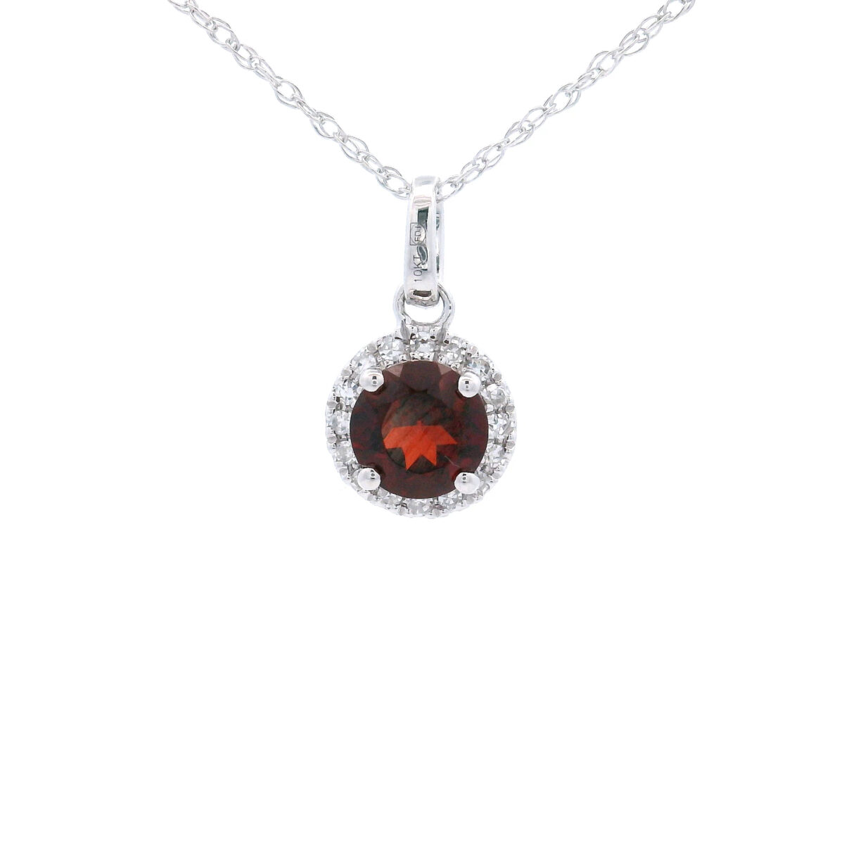 4.5mm Round Garnet Halo Pendant Necklace in 10K White Gold w/ 1/20 CTW
