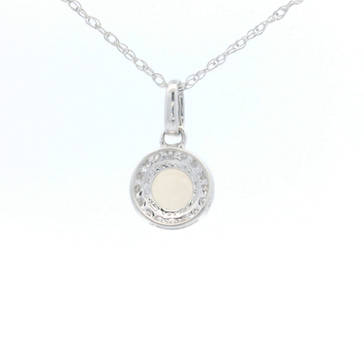 4.5mm Round Opal Halo Pendant Necklace in 10K White Gold w/ 1/20 CTW - Image 3
