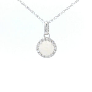 4.5mm Round Opal Halo Pendant Necklace in 10K White Gold w/ 1/20 CTW