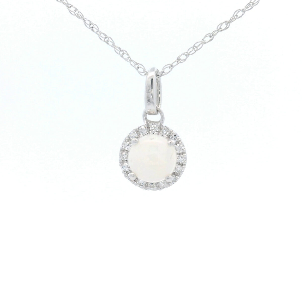 4.5mm Round Opal Halo Pendant Necklace in 10K White Gold w/ 1/20 CTW