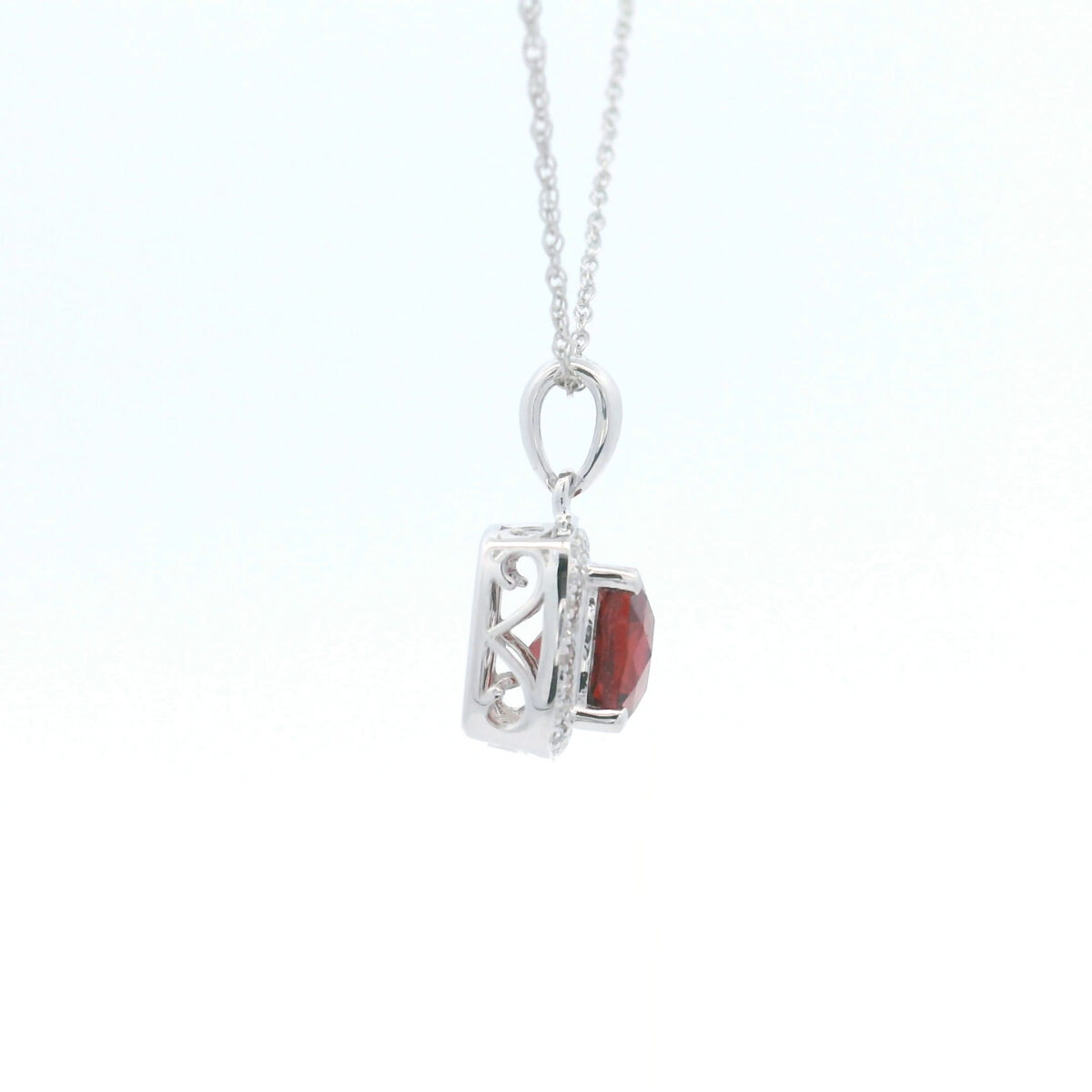 6mm Cushion Garnet Halo Pendant Necklace in 10K White Gold w/ 1/10CTW - Image 2