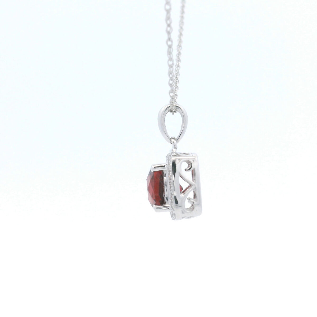 6mm Cushion Garnet Halo Pendant Necklace in 10K White Gold w/ 1/10CTW - Image 3