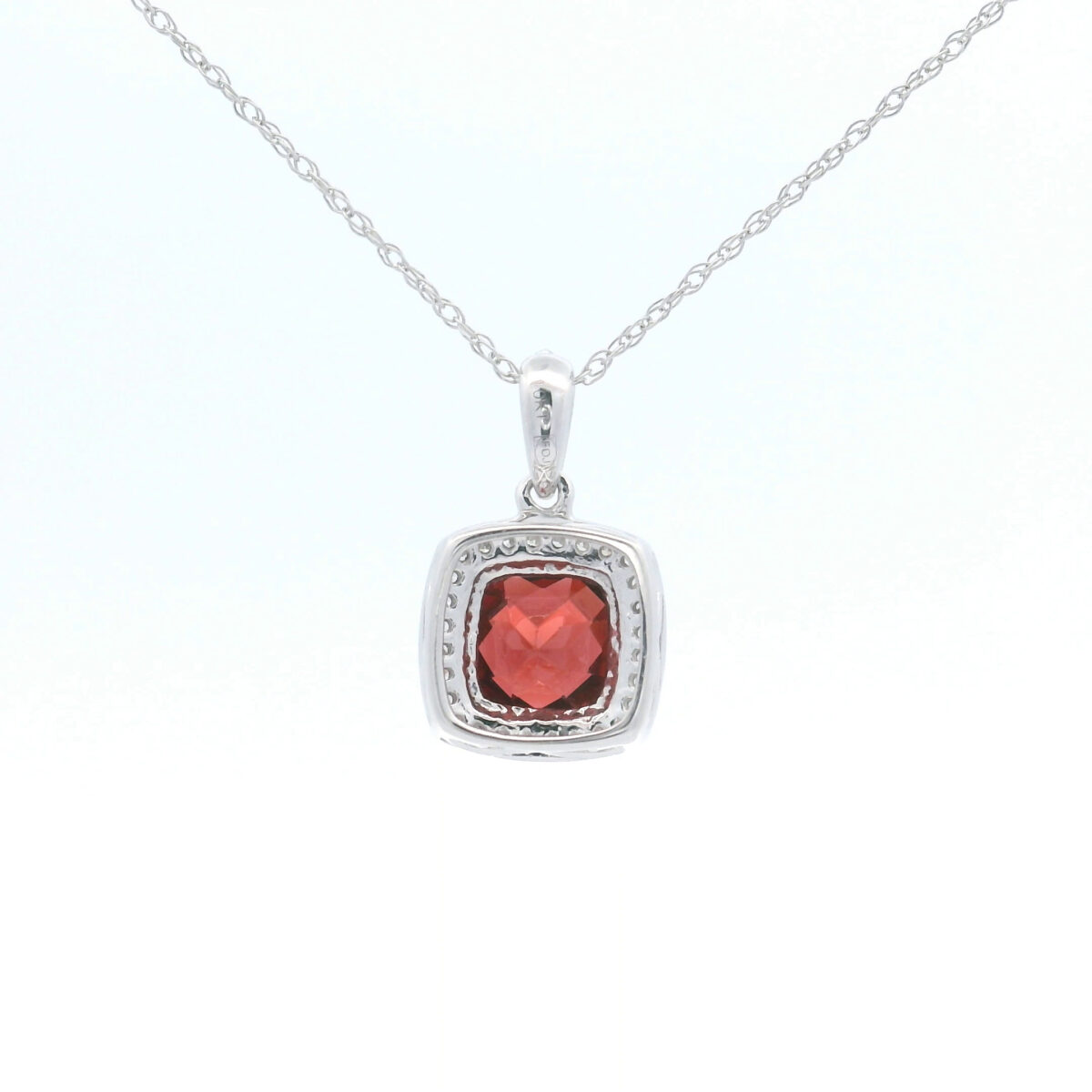 6mm Cushion Garnet Halo Pendant Necklace in 10K White Gold w/ 1/10CTW - Image 4