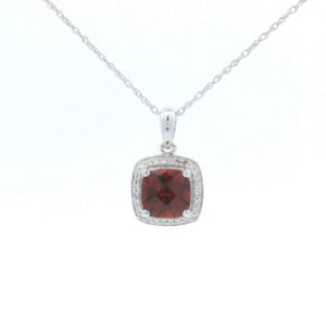 6mm Cushion Garnet Halo Pendant Necklace in 10K White Gold w/ 1/10CTW