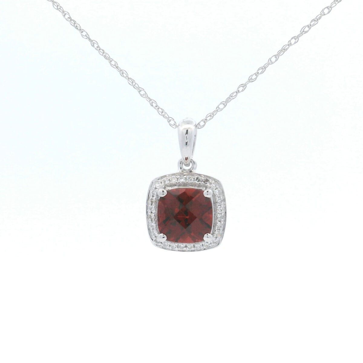 6mm Cushion Garnet Halo Pendant Necklace in 10K White Gold w/ 1/10CTW