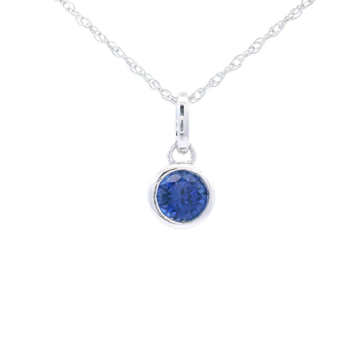 Bezel-Set 5mm Created Royal Blue Sapphire Pendant Necklace in 10K White Gold