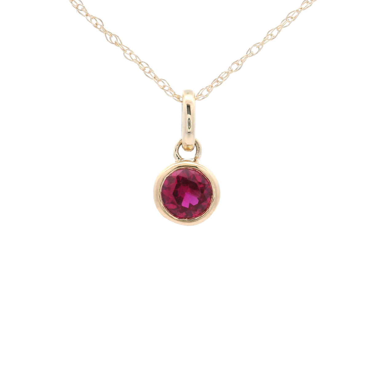 Bezel Set 5mm Created Ruby Pendant Necklace in 10K Yellow Gold
