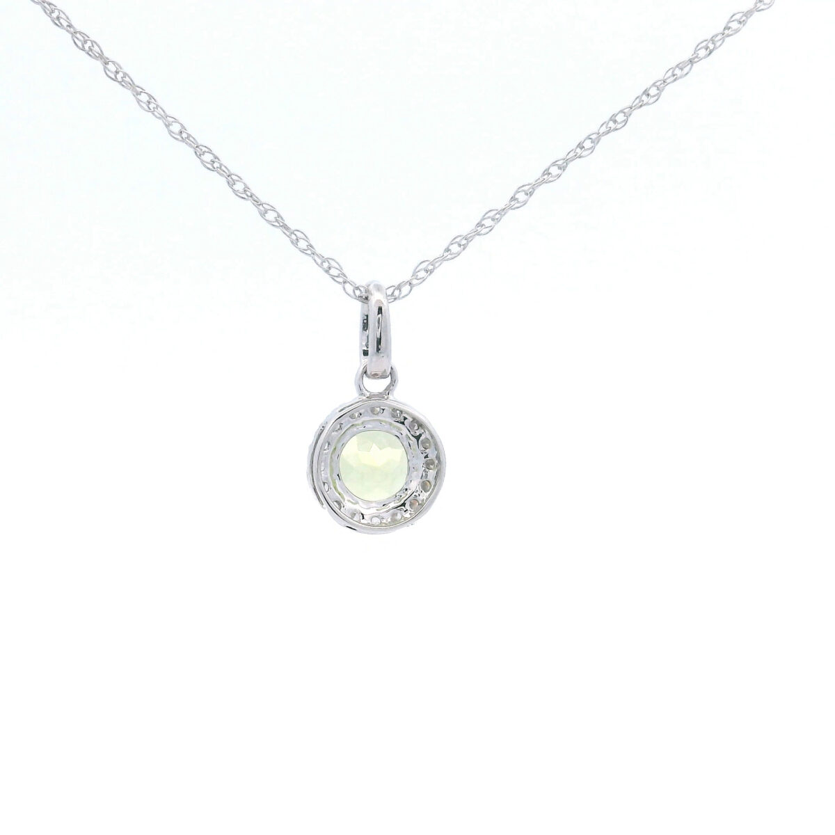 4.5mm Round Peridot Halo Pendant Necklace in 10K White Gold w/ 1/20 CTW - Image 3
