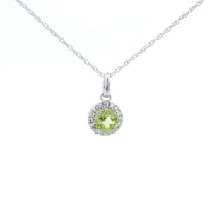 4.5mm Round Peridot Halo Pendant Necklace in 10K White Gold w/ 1/20 CTW