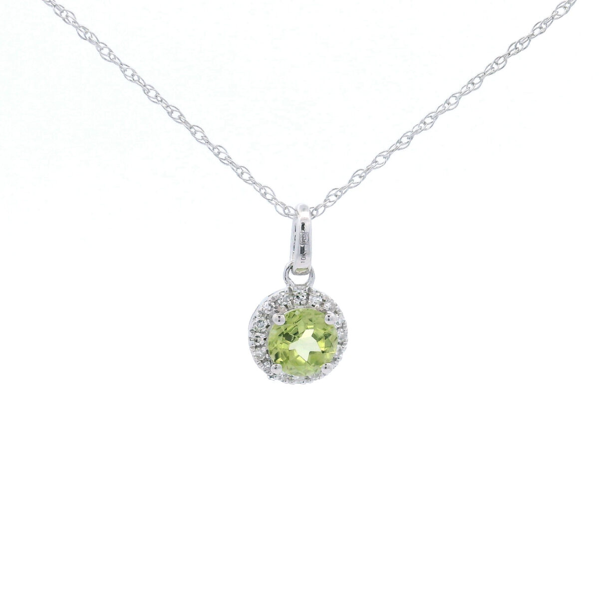 4.5mm Round Peridot Halo Pendant Necklace in 10K White Gold w/ 1/20 CTW