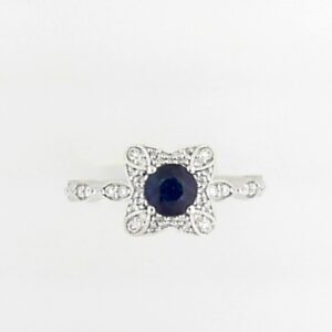 10K White Gold Round Sapphire and Diamond Ring