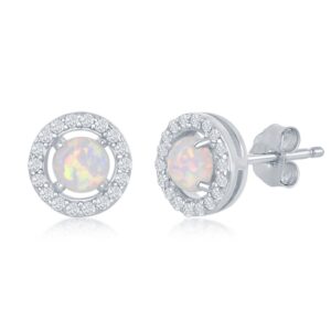 Sterling Silver White Created Opal and CZ Earrings