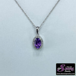 10K White Gold Oval Amethyst Pendant with Diamond Accents