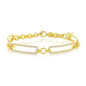 Sterling Silver Gold Plated CZ Paperclip Bracelet