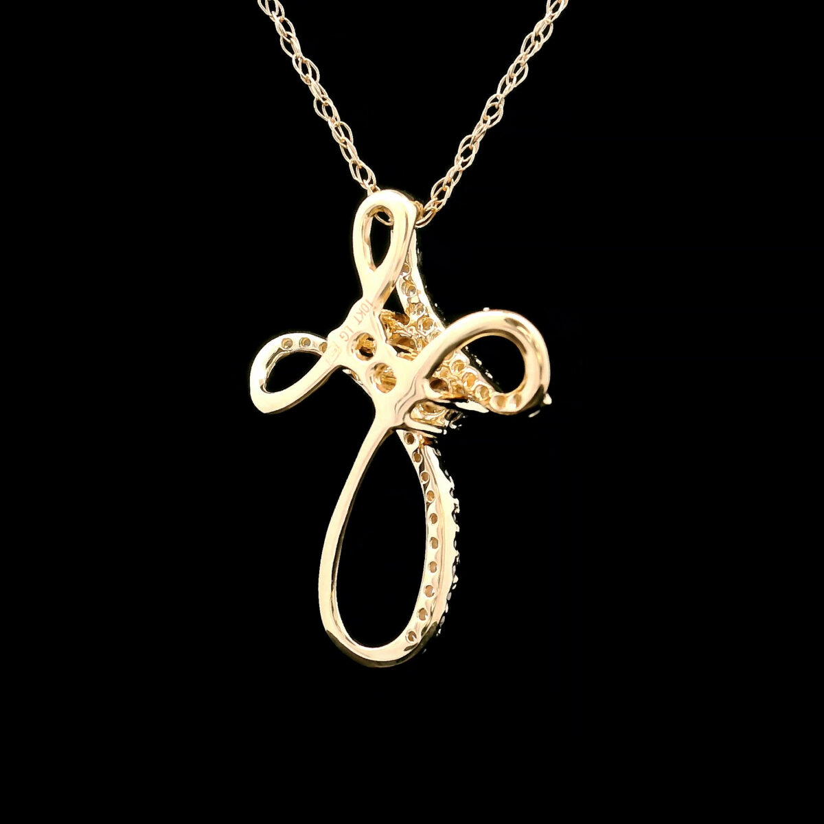 Diamond Swirl Cross Pendant Necklace in 10k Yellow Gold with 32 = 0.14Twt Round Diamonds - Image 3