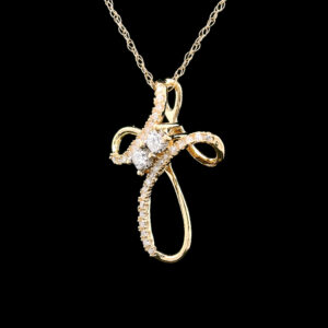 Diamond Swirl Cross Pendant Necklace in 10k Yellow Gold with 32 = 0.14Twt Round Diamonds