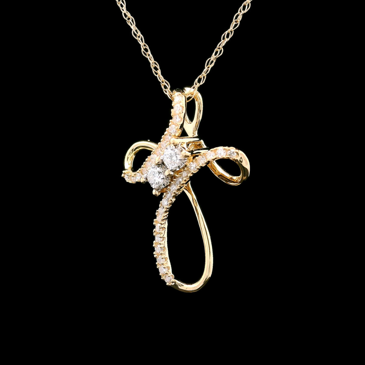 Diamond Swirl Cross Pendant Necklace in 10k Yellow Gold with 32 = 0.14Twt Round Diamonds