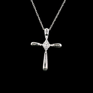 10K White Gold Diamond Cluster Cross Pendant Necklace with 8 round Lab Grown Diamonds .11 TW