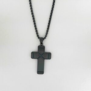 Stainless Steel Ridged Cross Necklace with Cobalt Blue Accent